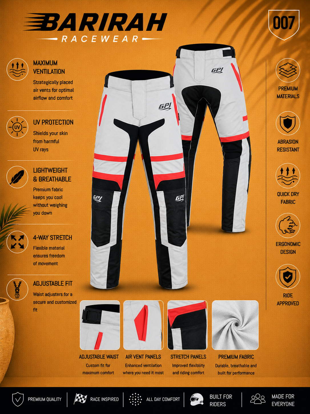 Premium Adjustable/Black/Red Multi-Color Motorcycle Pants - Beach