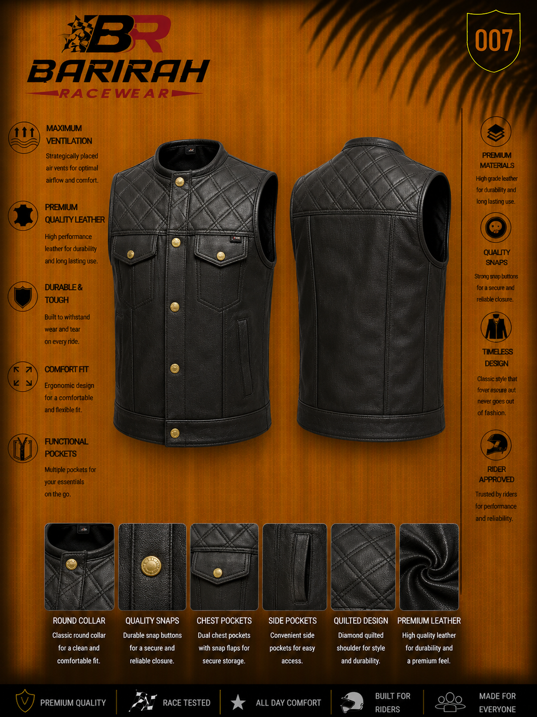 Barirah Racewear Men’s Club Style Diamond Stitch Leather Waistcoat