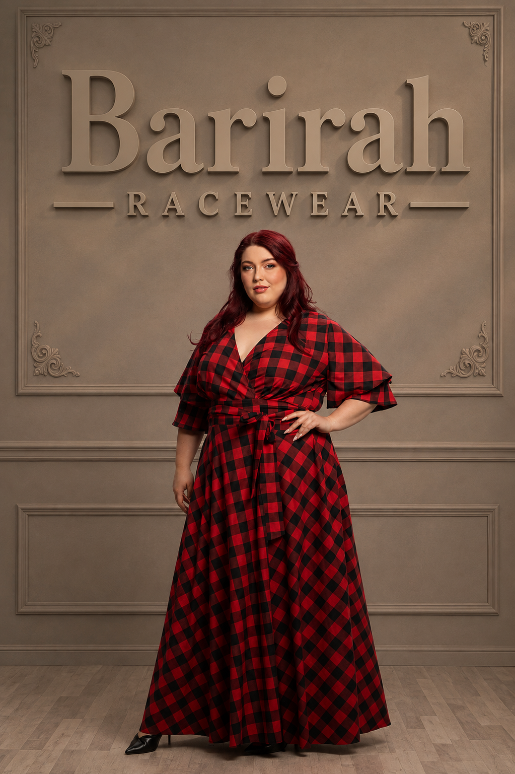 Barirah Racewear Women’s Red & Black Buffalo Plaid Maxi Shirt Dress – Long Sleeve Button-Up Flared Gown (Copy) (Copy)