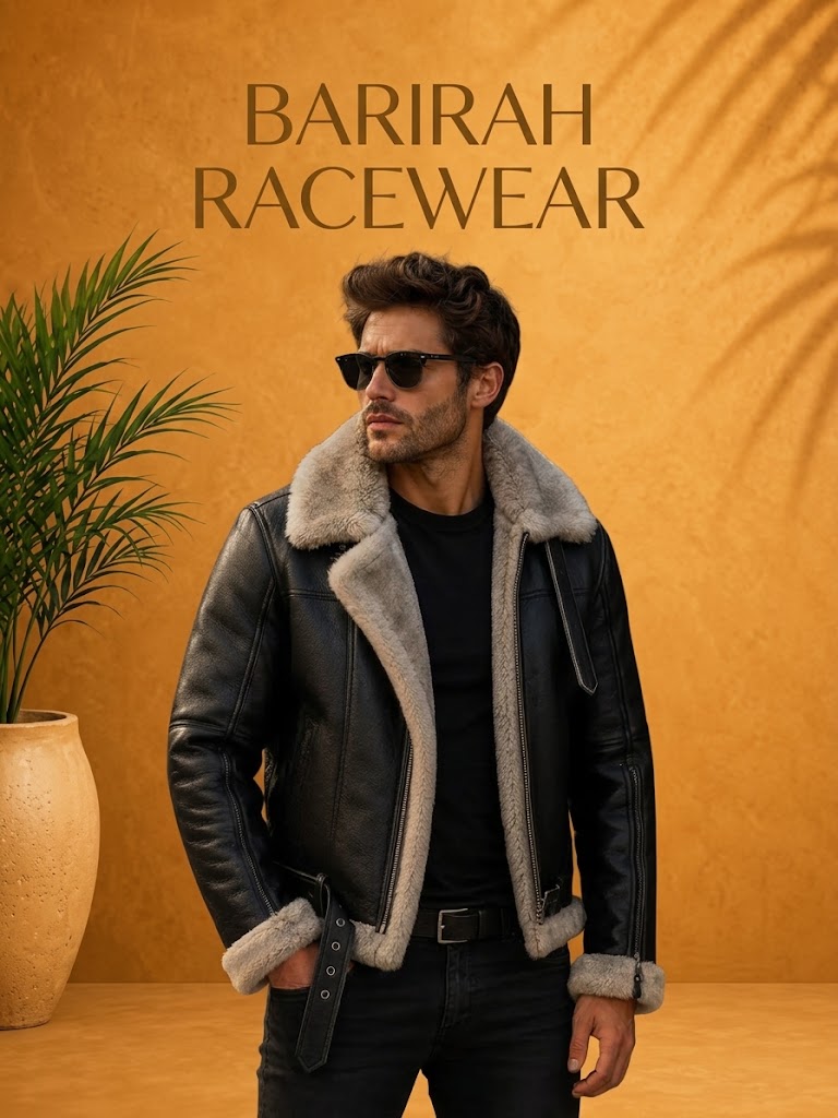 Stylish men’s black shearling leather jacket featuring a classic aviator-inspired design