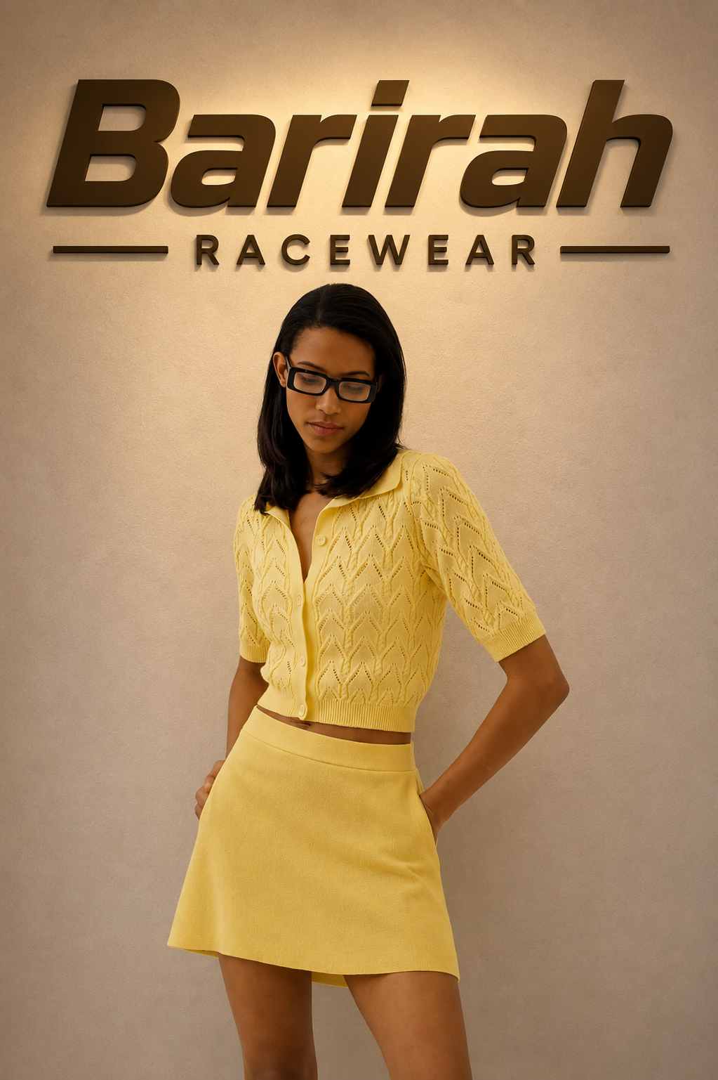 Barirah Racewear Women’s Butter Yellow Pointelle Knit Cardigan & A-Line Mini Skirt Two-Piece Set