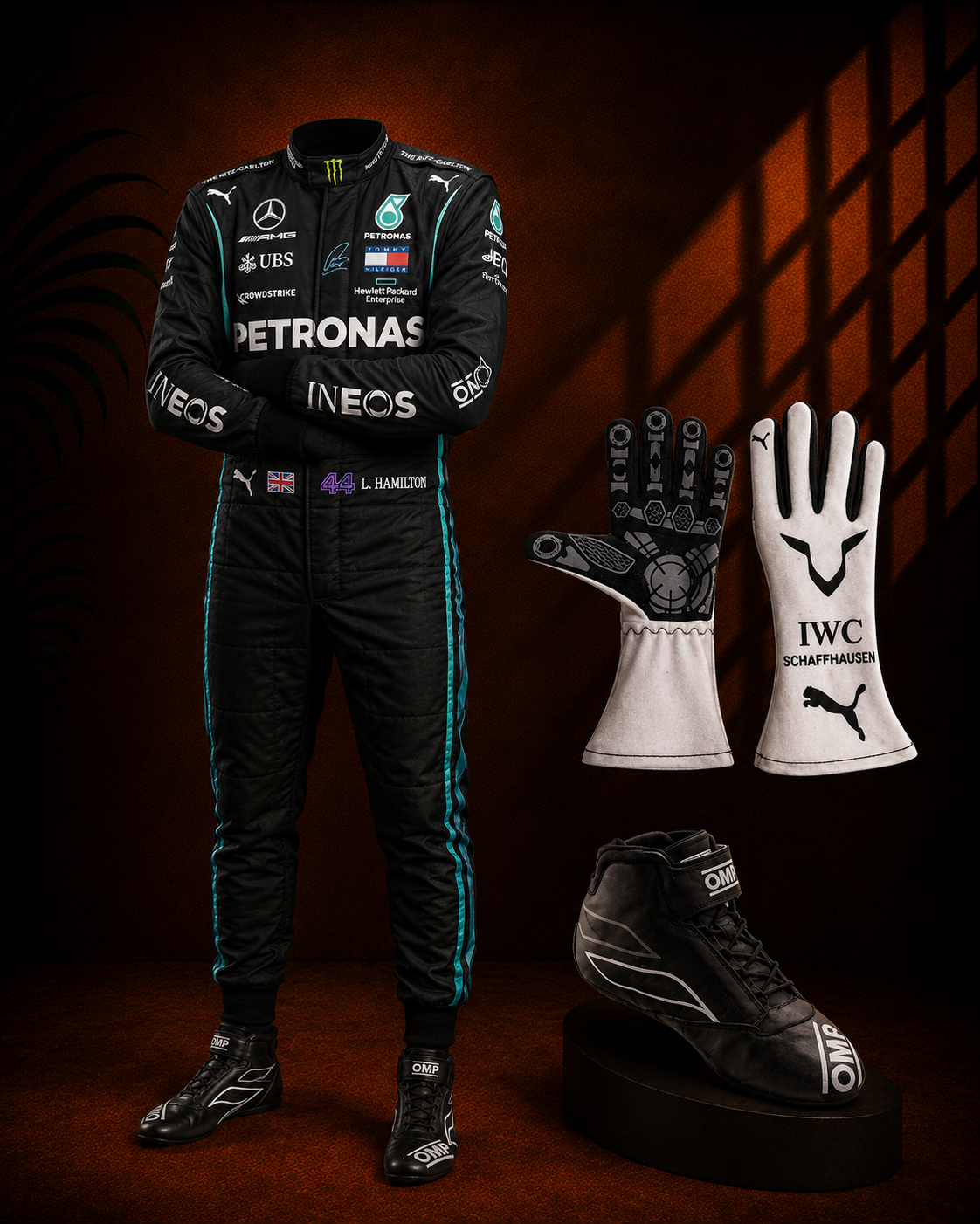 Lewis Hamilton Mercedes AMG F1 Race Suit, Shoes & Gloves