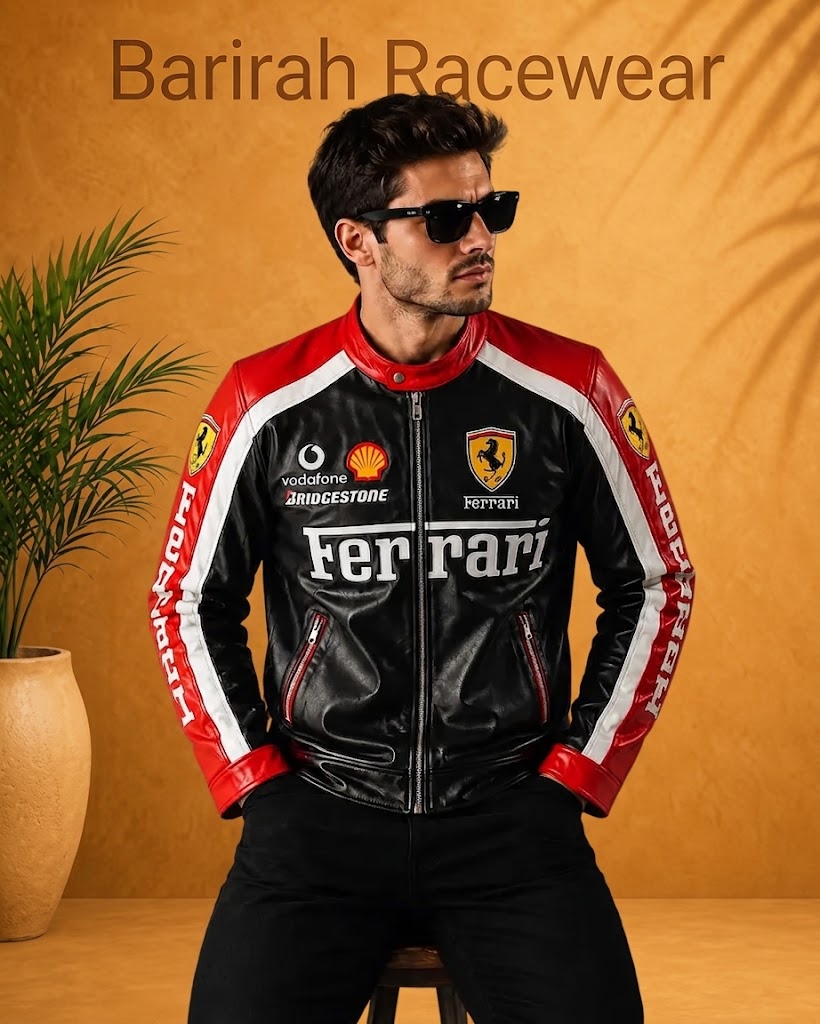 Ferrari-Style Cowhide Leather Racing Jacket | Black & Red Biker Coat | Barirah Racewear