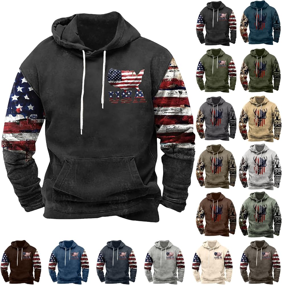 Barirah Racewear Men's USA Flag Graphic Pullover Hoodie | Premium Fleece Hooded Sweatshirt | Patriotic American Flag Casual Streetwear Hoodie | Multi-Color Options