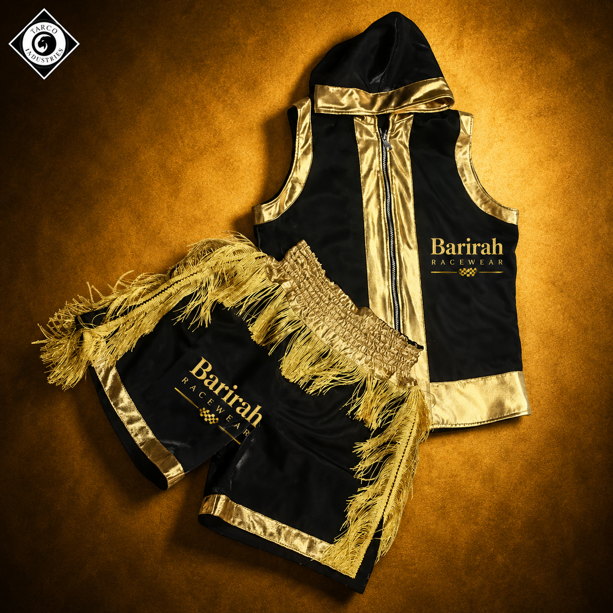 Barirah Racewear Men’s Boxing Entrance Outfit – Black & Gold Hooded Vest & Fringed Shorts Set