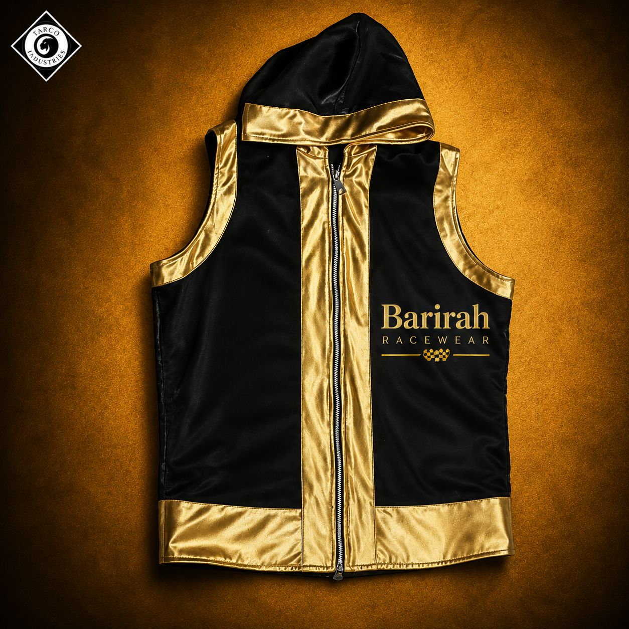 Barirah Racewear Men’s Boxing Entrance Outfit – Black & Gold Hooded Vest & Fringed Shorts Set