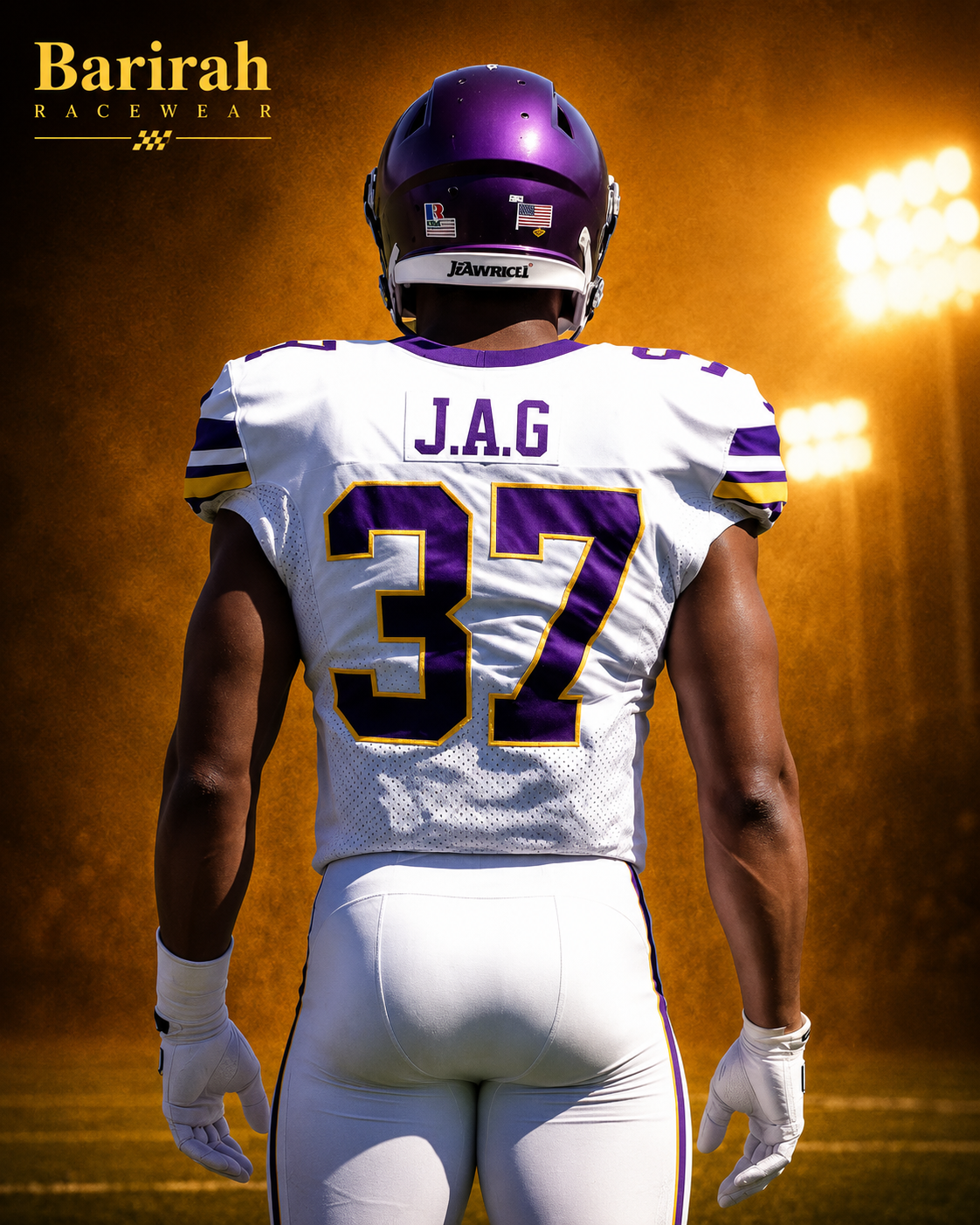 Barirah Racewear Men’s American Football Uniform – White, Purple & Gold No. 37 Jersey & Pants