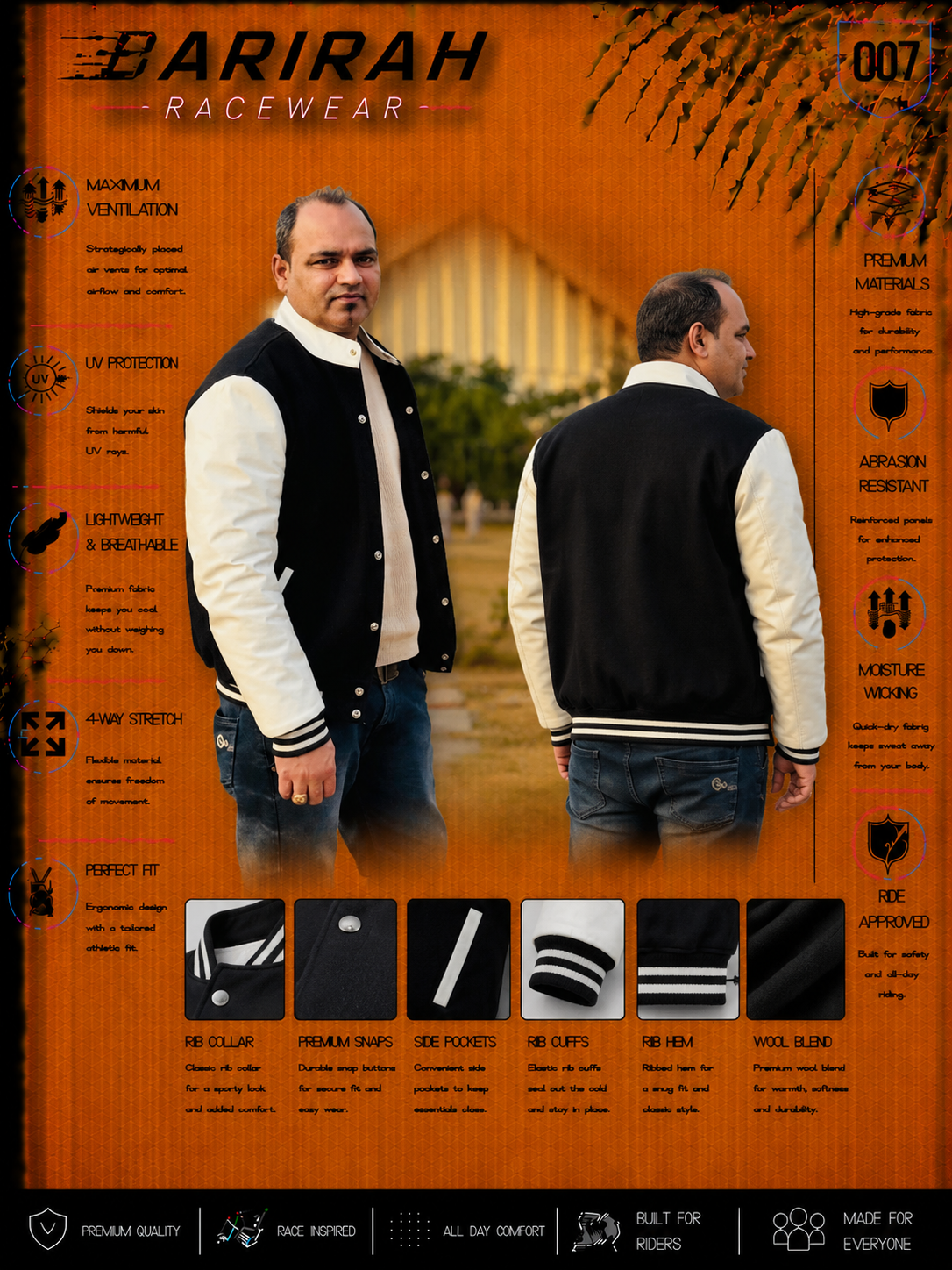 Black Wolf Motorbike Fashion Jacket with White Leather Arms.