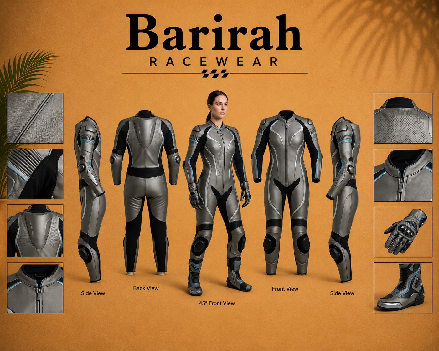 Barirah Racewear Women’s Motorcycle Racing Suit – Grey & Black Protective Leather Riding Suit