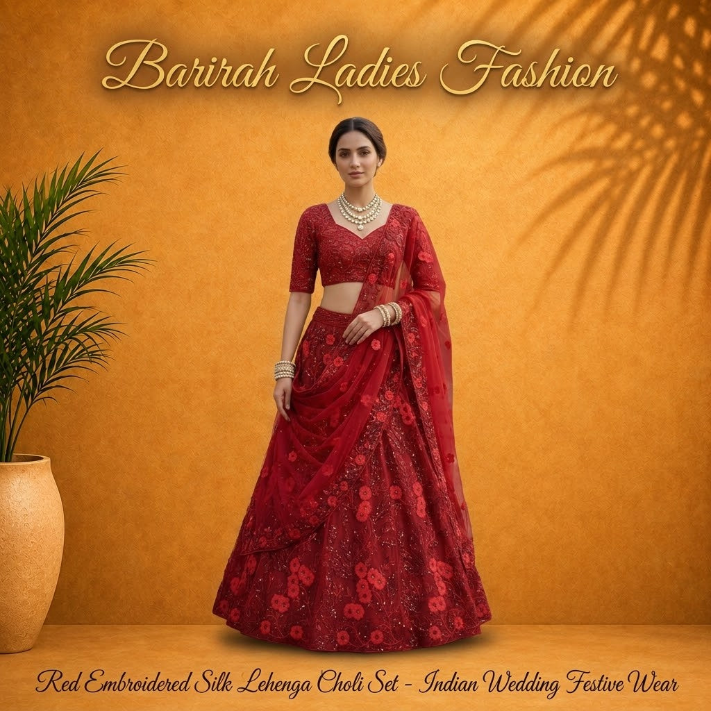 Elegant Red Silk Lehenga Choli Set.