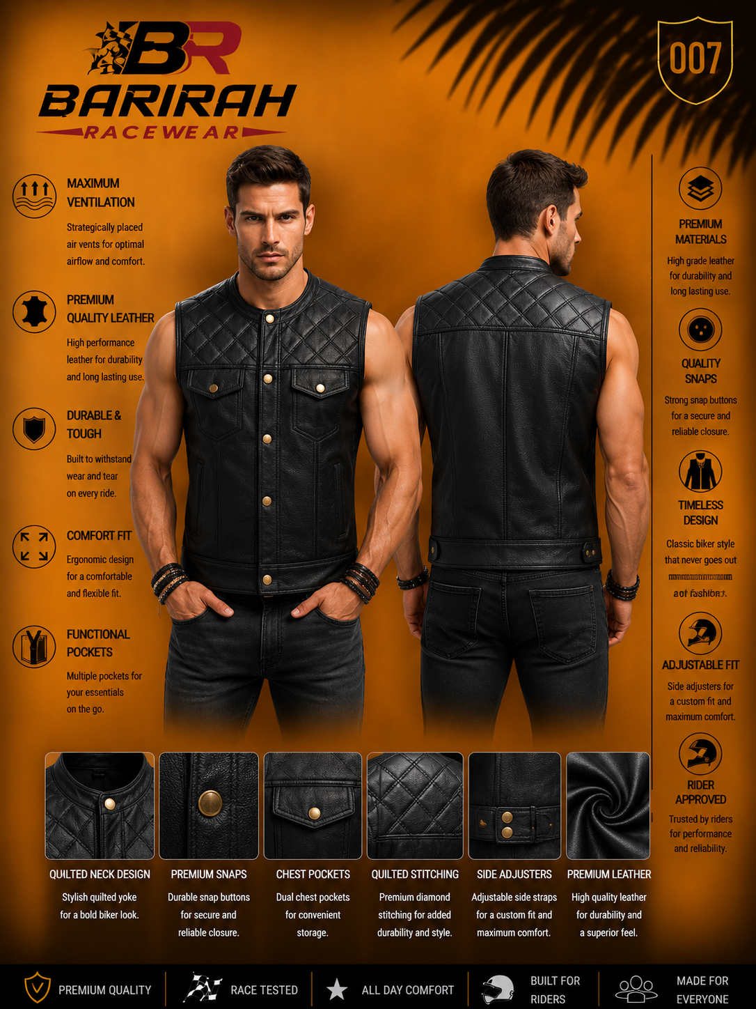 Barirah Racewear Men’s Club Style Diamond Stitch Leather Waistcoat