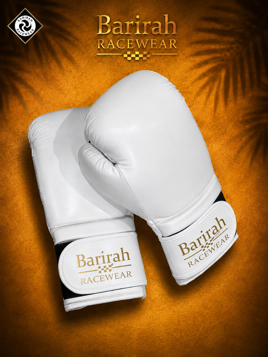 Barirah Racewear Professional Boxing Gloves – White & Gold Training, Sparring & Fight Gloves