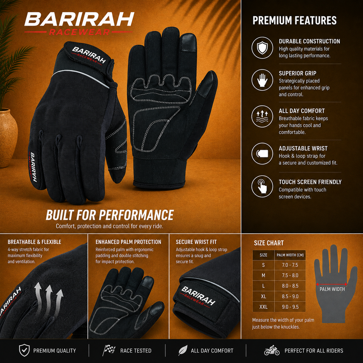 Barirah Racewear Premium Soft Motorcycle Full Black Gloves