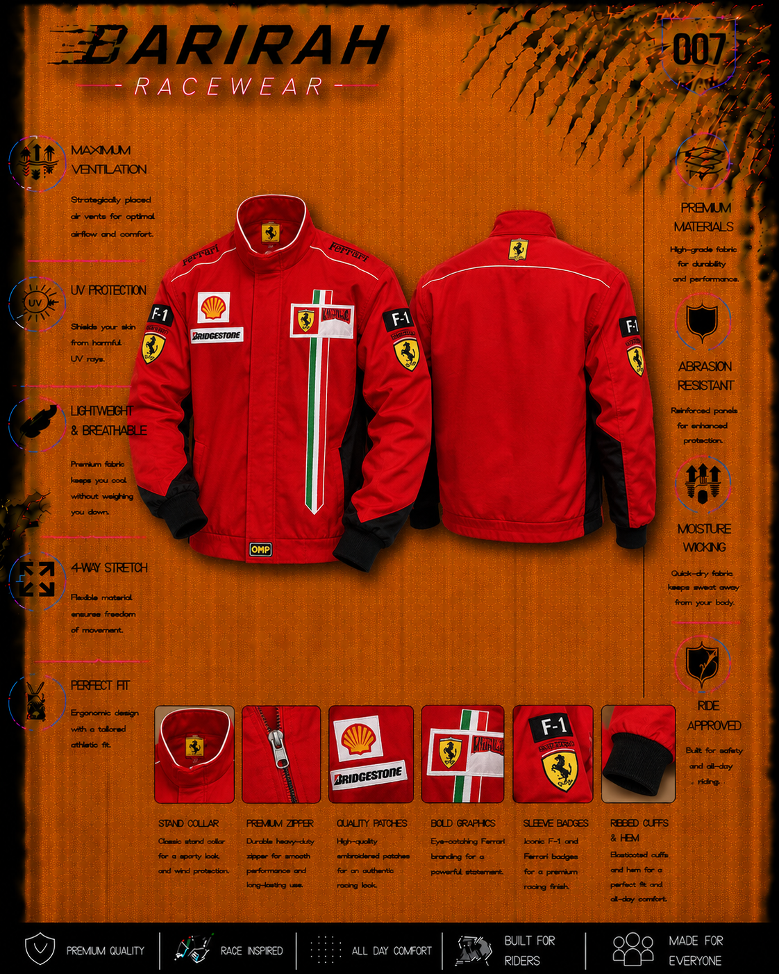 Ferrari Style Bomber Racing Jacket Full-Zip Cotton Blend