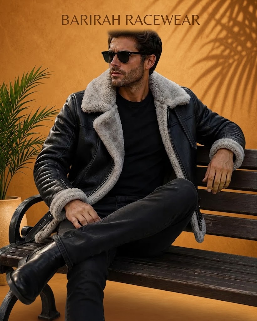 Stylish men’s black shearling leather jacket featuring a classic aviator-inspired design