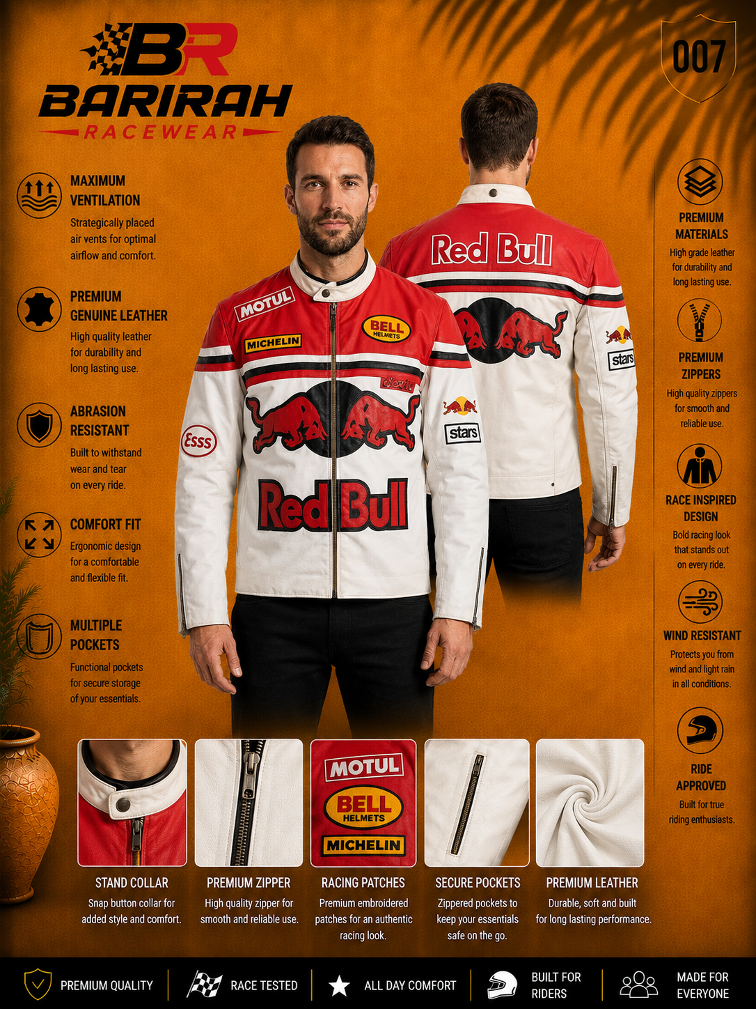 Red Bull Racing Inspired Men’s Motorcycle - Cowhide Leather Biker