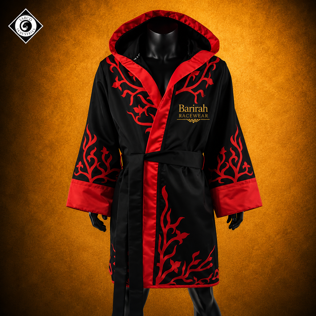 Barirah Racewear Men’s Boxing Entrance Robe – Black & Red Hooded Fight Night Ring Walk Robe