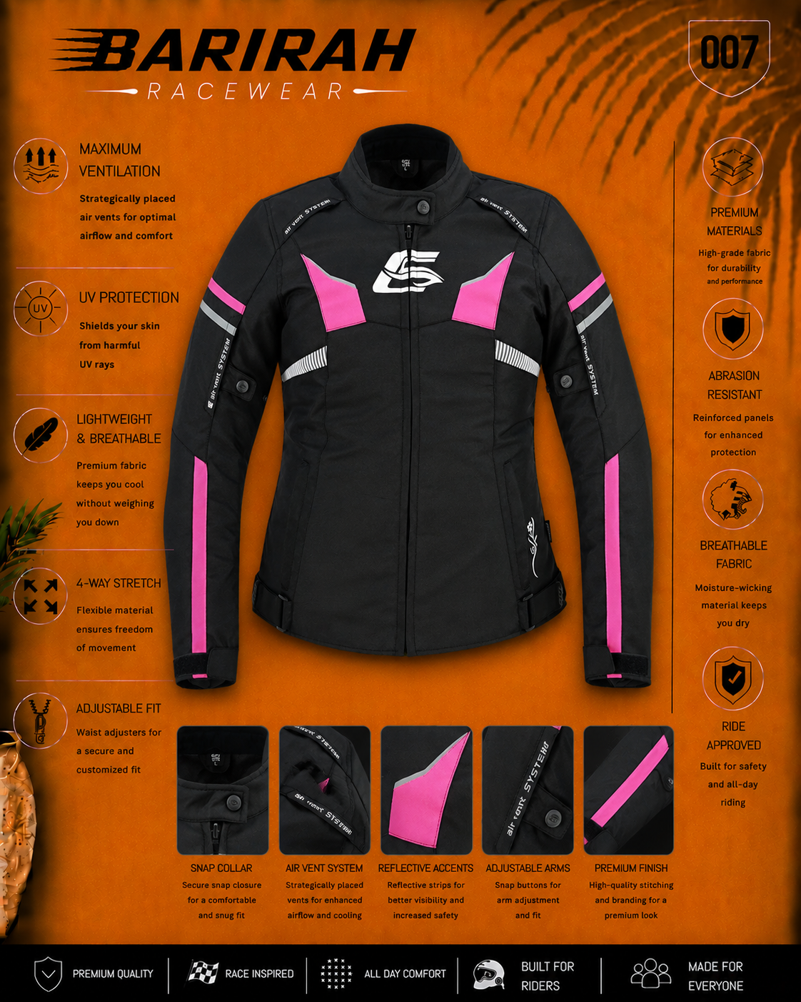 Women’s All-Season Premium Soft Motorcycle Jacket - Black/Pink