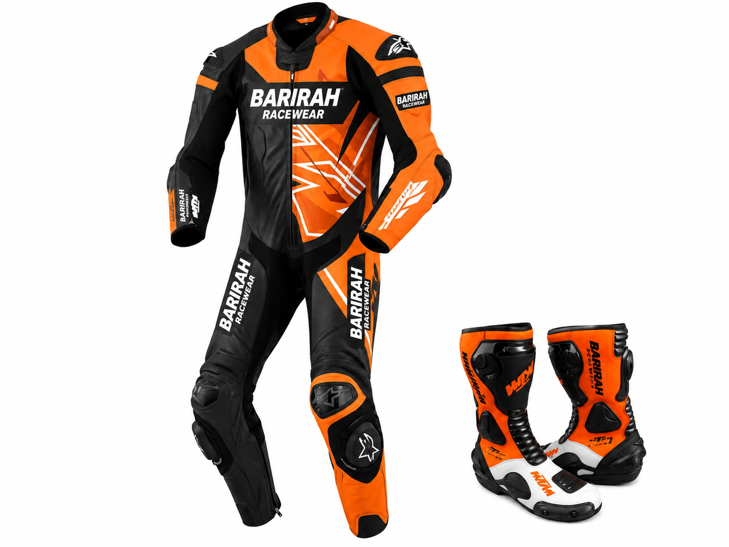 Barirah Racewear Black & Orange One-Piece Motorcycle Racing Leather Suit with Matching Racing Boots