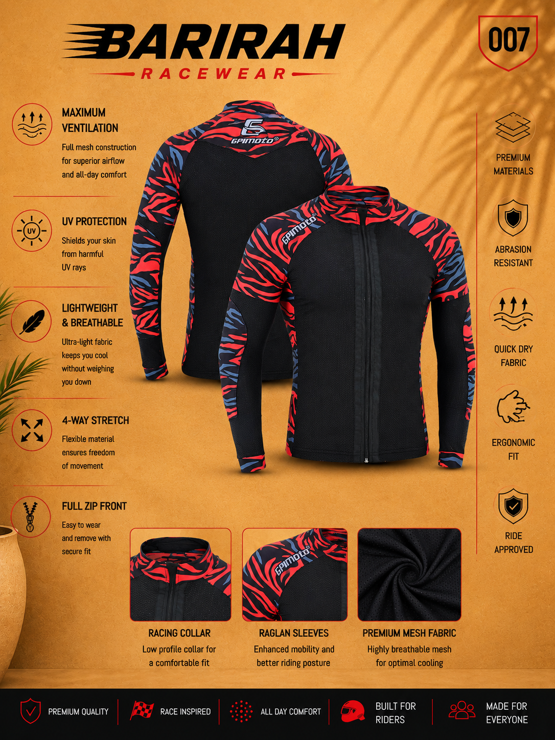 Men's Mesh Red Motorcycle Shirt - CE Level 2 Certified Protection