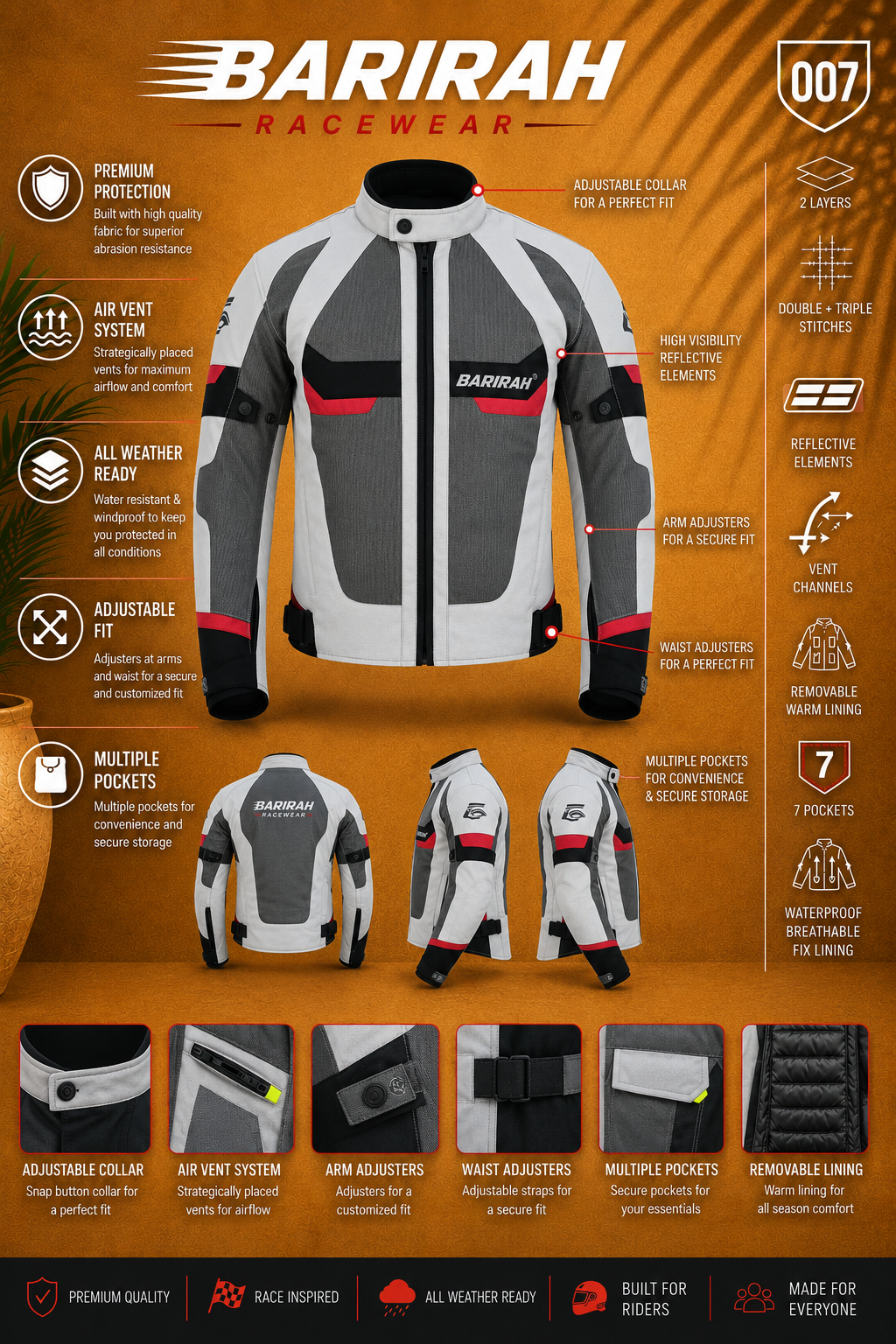 Men’s Premium Summer 4 Pockets Soft Adjustable Motorcycle