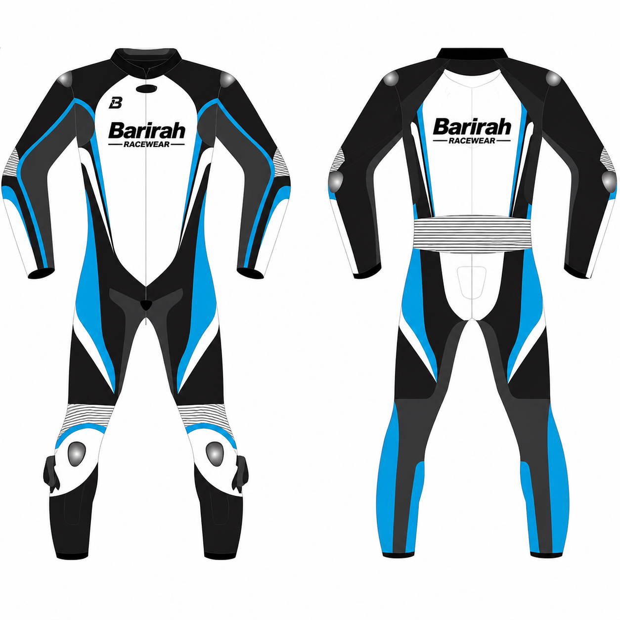 Barirah Racewear Premium One-Piece Leather Motorcycle Racing Suit – Professional Sportbike Track Racing Gear | Black, White & Blue