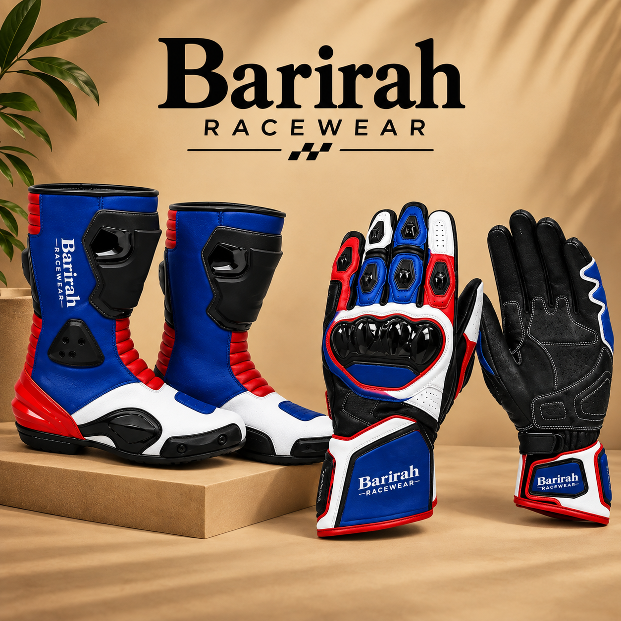 Barirah Racewear Motorbike Racing Boots & Protective Gloves Set – Blue, Red, White & Black