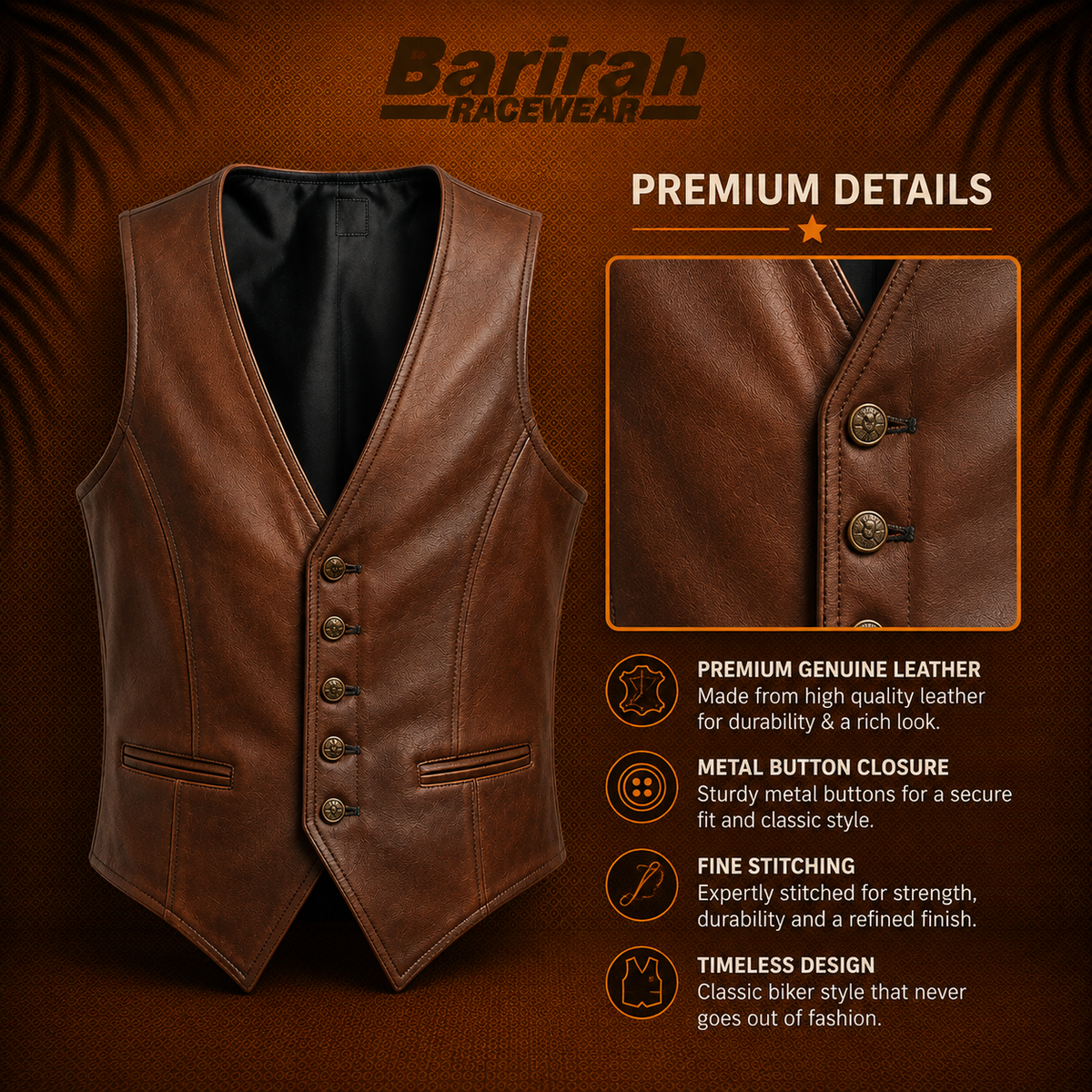 Barirah Racewear Men’s Brown Genuine Leather Jacket Waistcoat