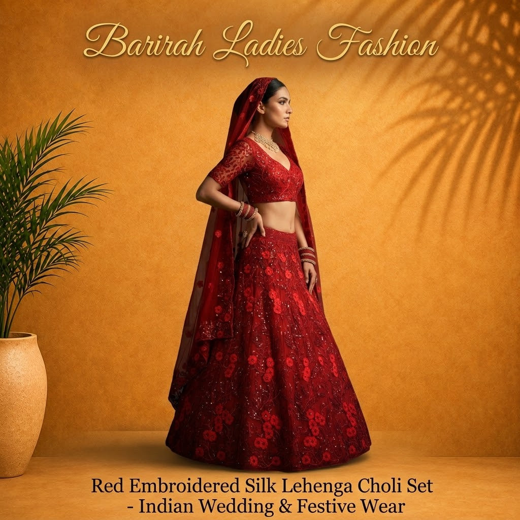Elegant Red Silk Lehenga Choli Set.