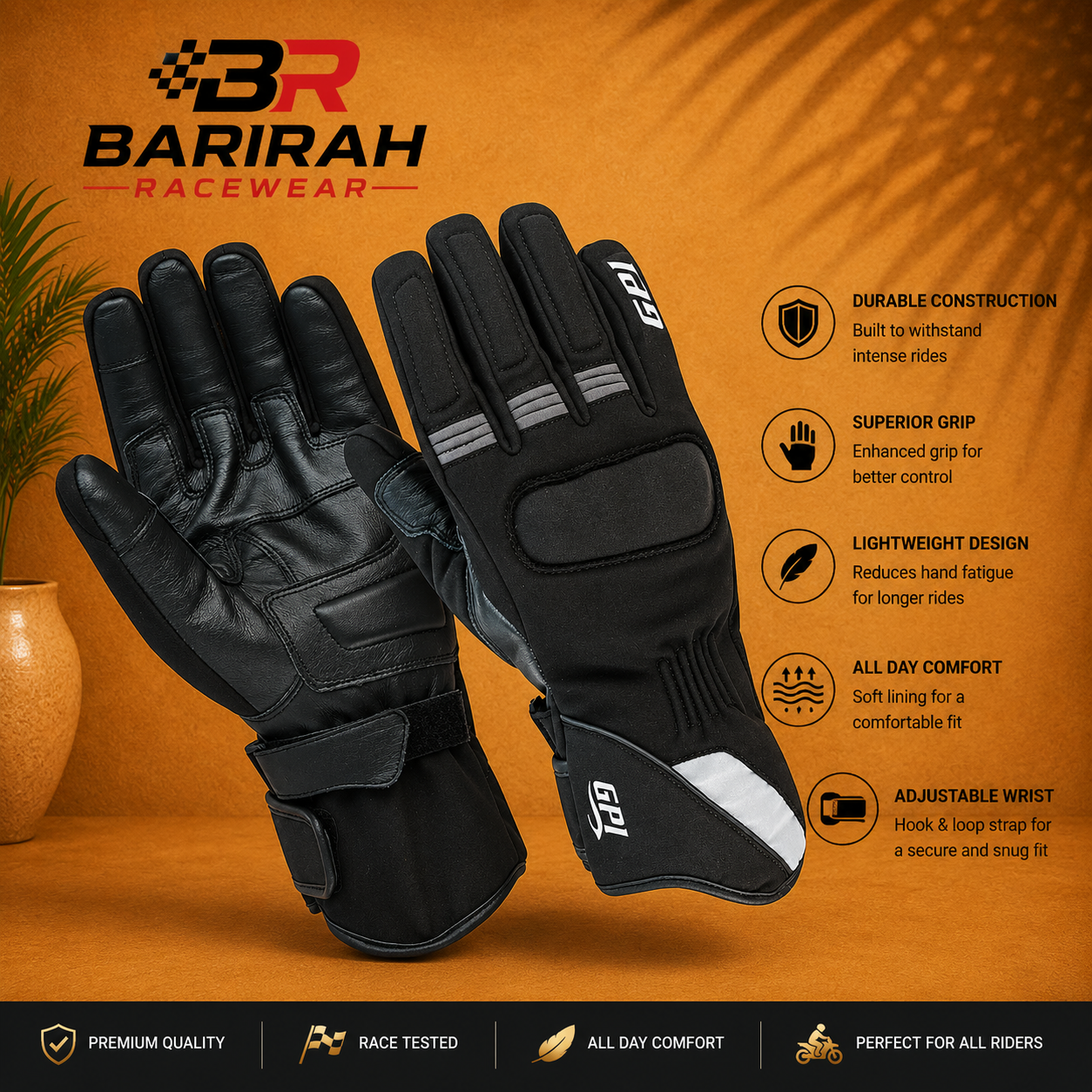 Barirah Racewear Softshell Water Proof Motorcycle Gloves Pair