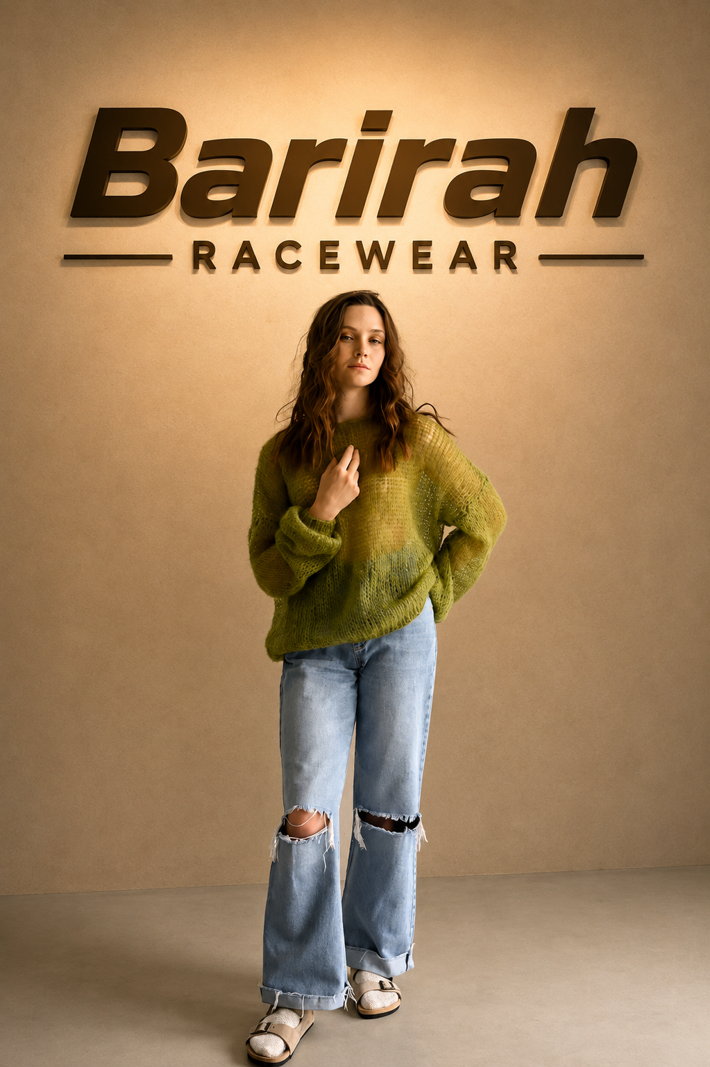 Barirah Racewear Women’s Olive Green Sheer Open-Knit Oversized Sweater – Lightweight Long Sleeve Pullover