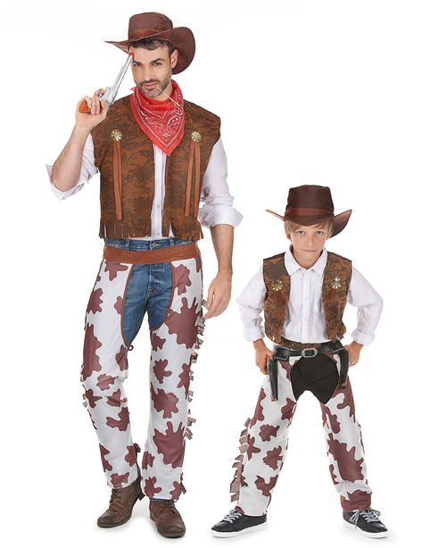 Adult & Kids Matching Cowboy Costume Set | Western Cowboy Dress-Up Outfit with Hat, Bandana, Vest, Chaps & Belt | Family Halloween & Cosplay Costume