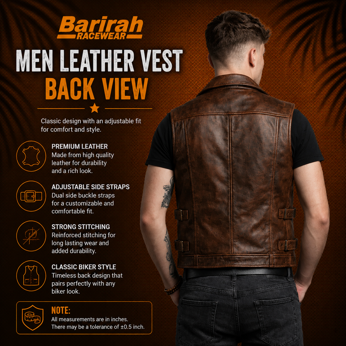 Barirah Racewear Men’s Brown Leather Jacket Waistcoat multiple functional pockets