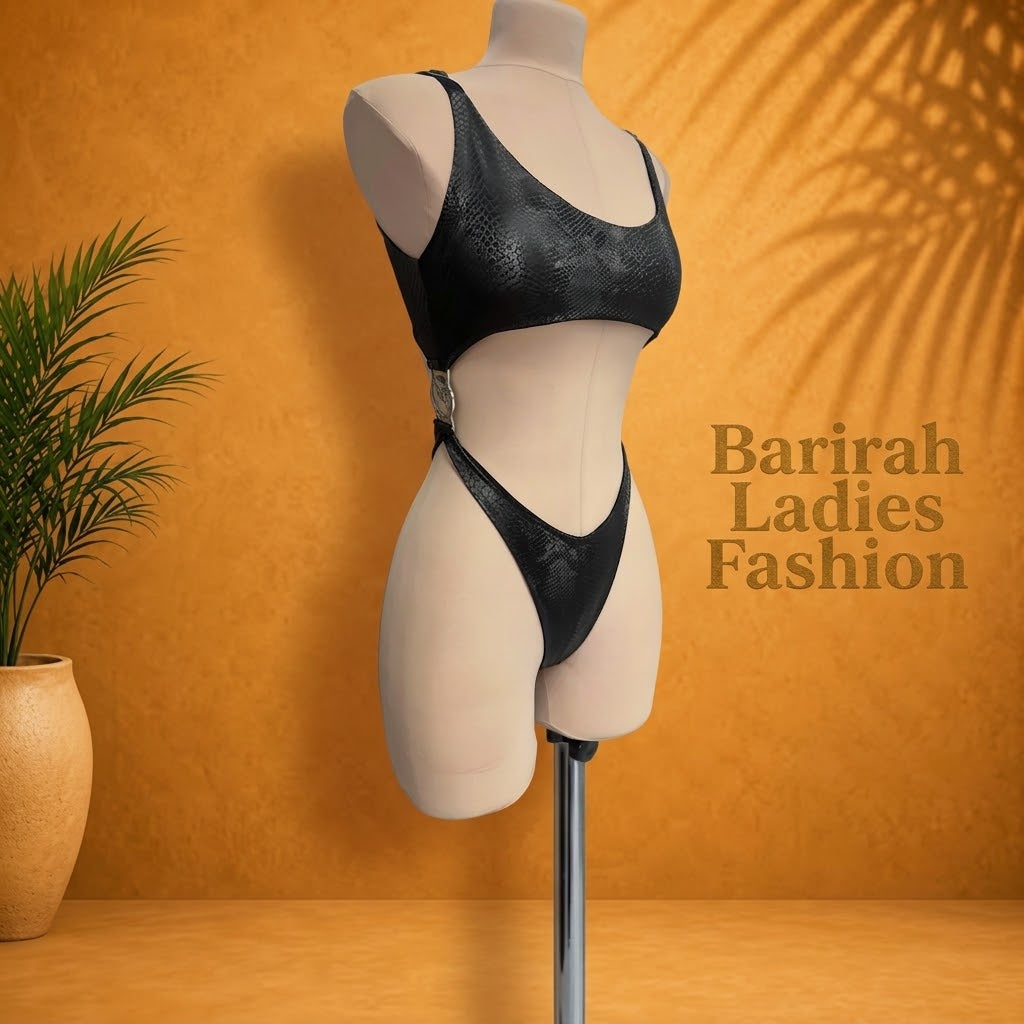 Glamorous black witch-inspired 2-piece outfit featuring a stylish snakeskin-look