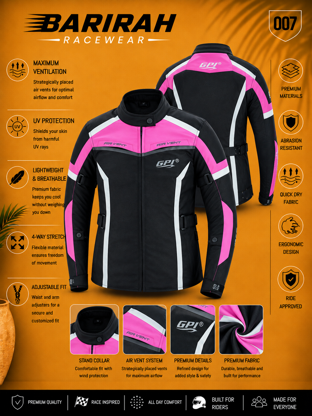 Women’s All-Season Premium Soft Motorcycle Jacket - Pink/Black