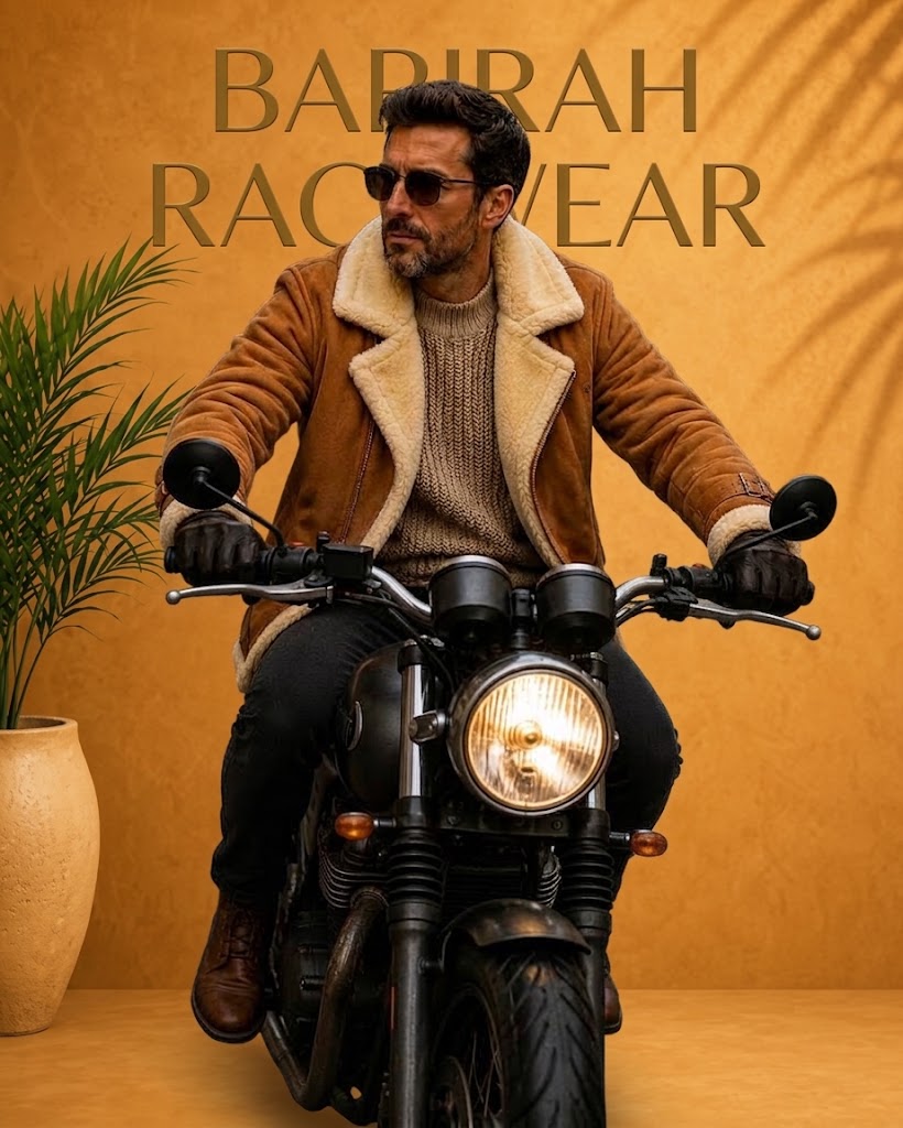 Stylish men’s brown shearling leather jacket featuring a classic aviator-inspired design,