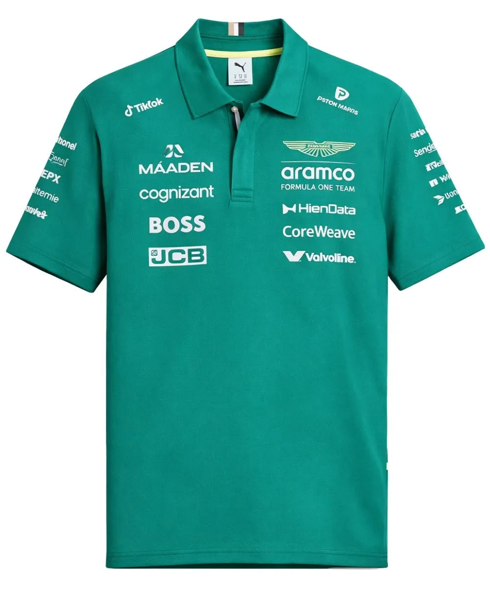 Aston Martin Aramco Formula One Team Polo Shirt by Puma | Men's Green Motorsport Performance Polo | Official Team Short Sleeve Racing Shirt
