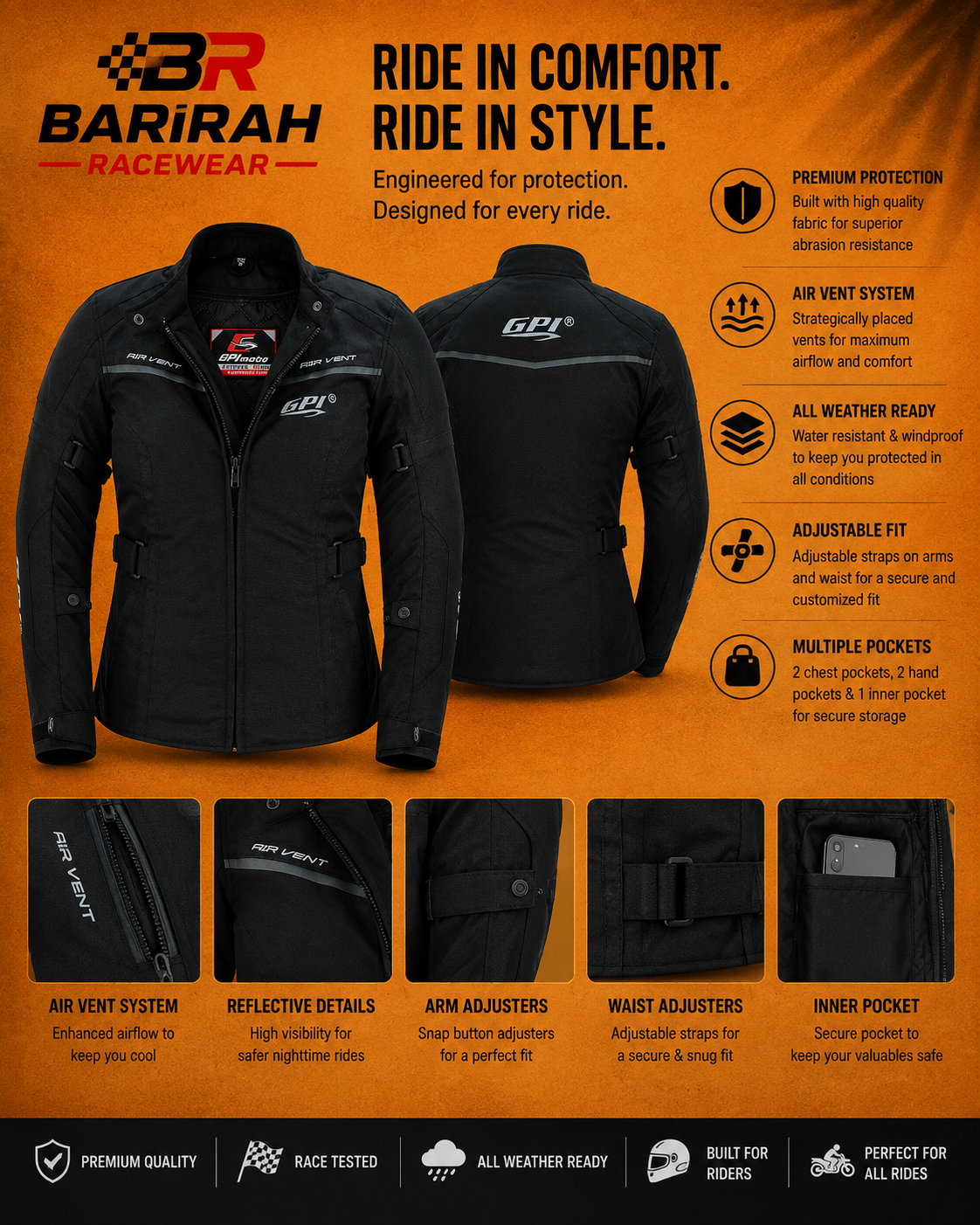 Barirah Racewear Women’s All-Season High Premium Quality Wind & Waterproof Motorcycle Jacket – Full Black