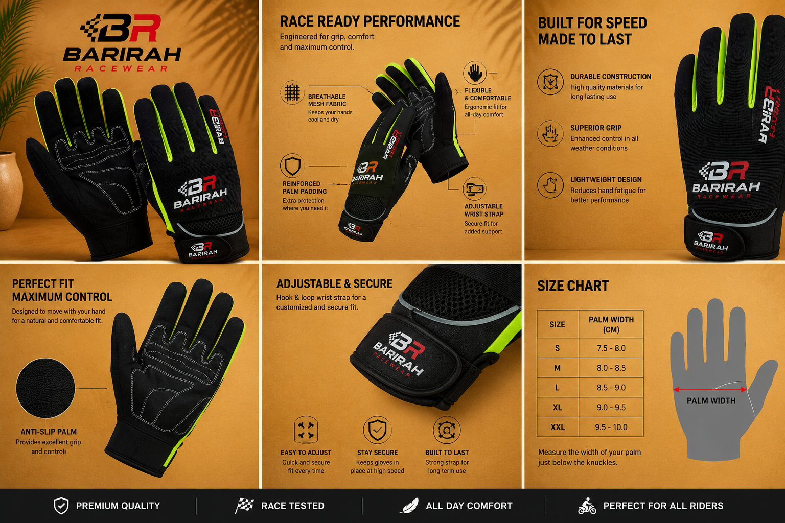 Barirah Racewear Racing Gloves Premium Comfortable Motorcycle Flourosent/Black Gloves