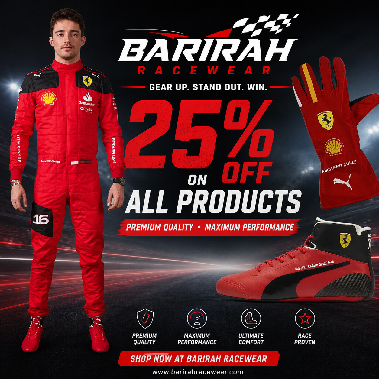 Barirah Racewear Formula Racing Collection | Premium Racing Suit, Driving Gloves & Motorsport Shoes | Professional Racewear Performance Gear | Red