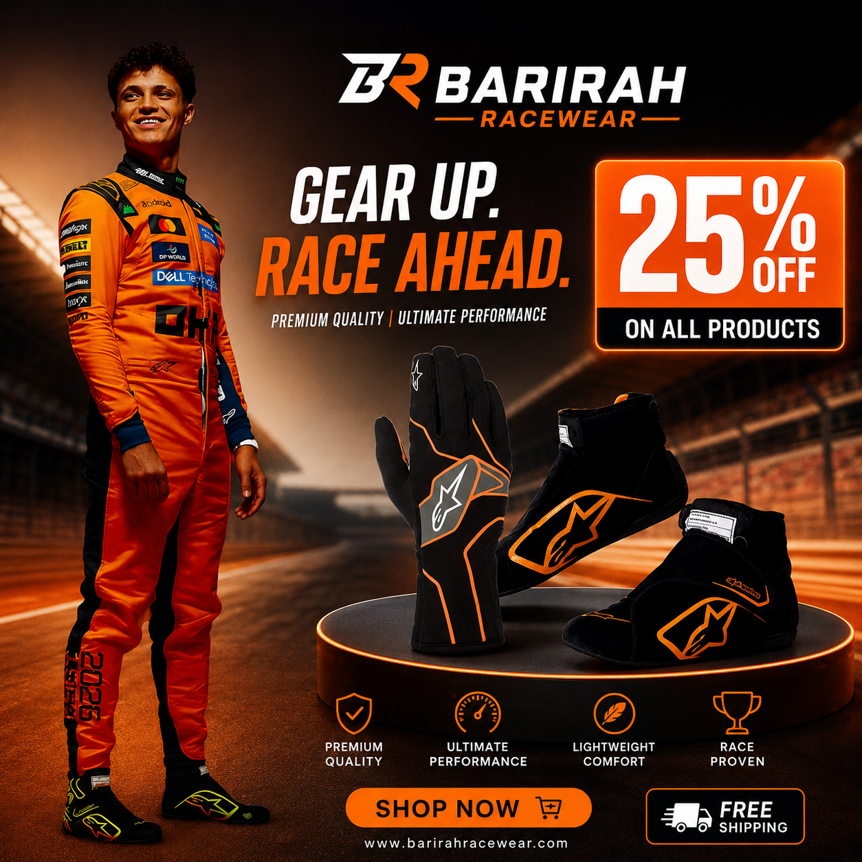 Barirah Racewear 25% Off Sale Banner | Motorsport Racing Gear Promotional Graphic | Racing Suits, Gloves & Shoes Discount Advertisement