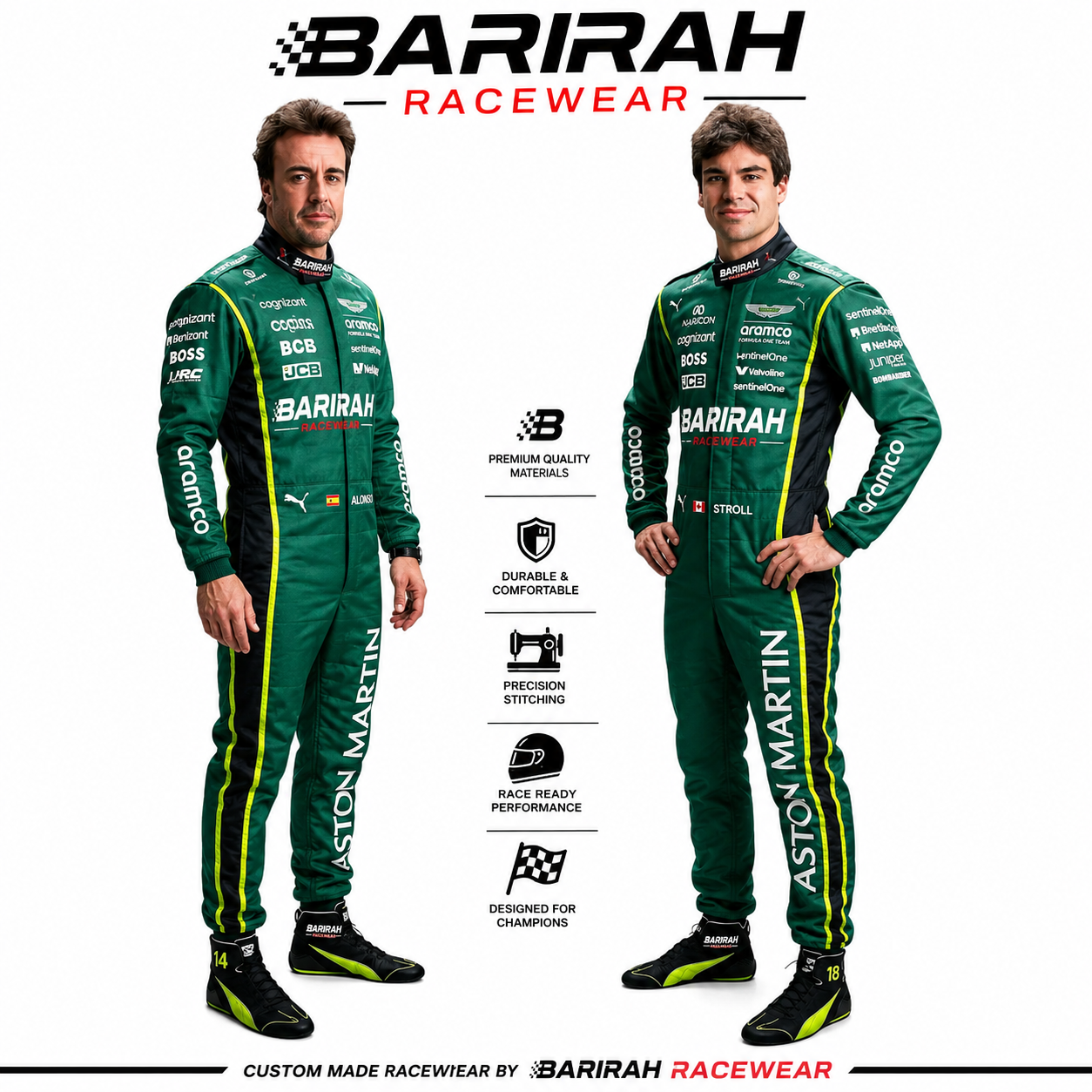 Aston Martin Aramco Formula One Team 2026 Racing Suit | Fernando Alonso & Lance Stroll F1 Driver Overall | Barirah Racewear Premium FIA-Style Motorsport Suit | Green Performance Race Suit