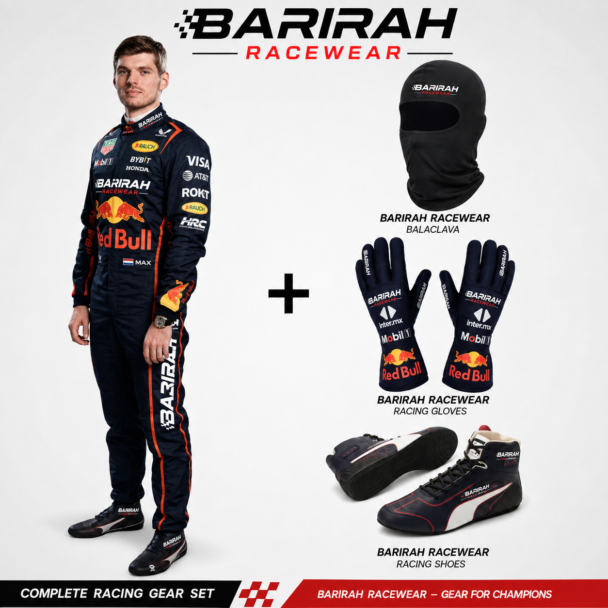 Max Verstappen Red Bull Racing Suit Package | Complete F1 Driver Kit with Racing Suit, Gloves, Balaclava & Racing Shoes | Barirah Racewear Premium FIA-Style Motorsport Set