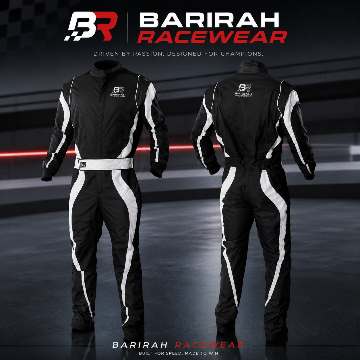 BARIRAH RACEWEAR Premium Black Racing Driver Suit – Professional Motorsport Auto Racing Overall – Lightweight Breathable Karting Suit – Front & Back Design