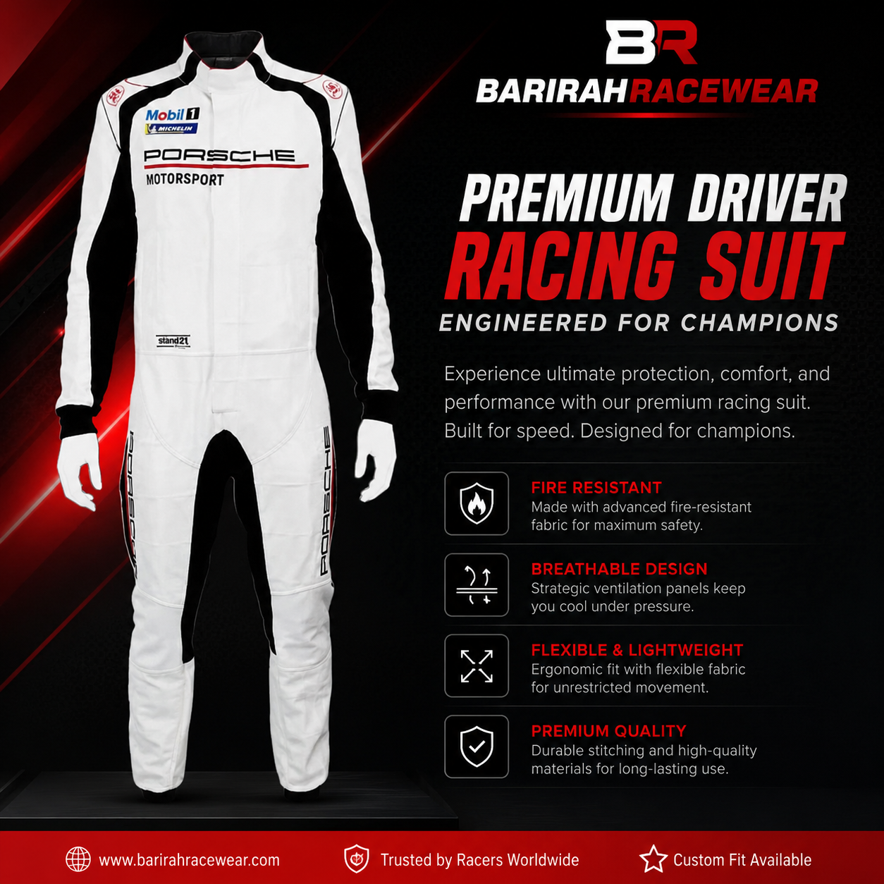 BARIRAHRACEWEAR Premium Racing Driver Suit – Professional Motorsport Fire-Resistant Racing Overall – Lightweight Performance Auto Racing Suit – White & Black