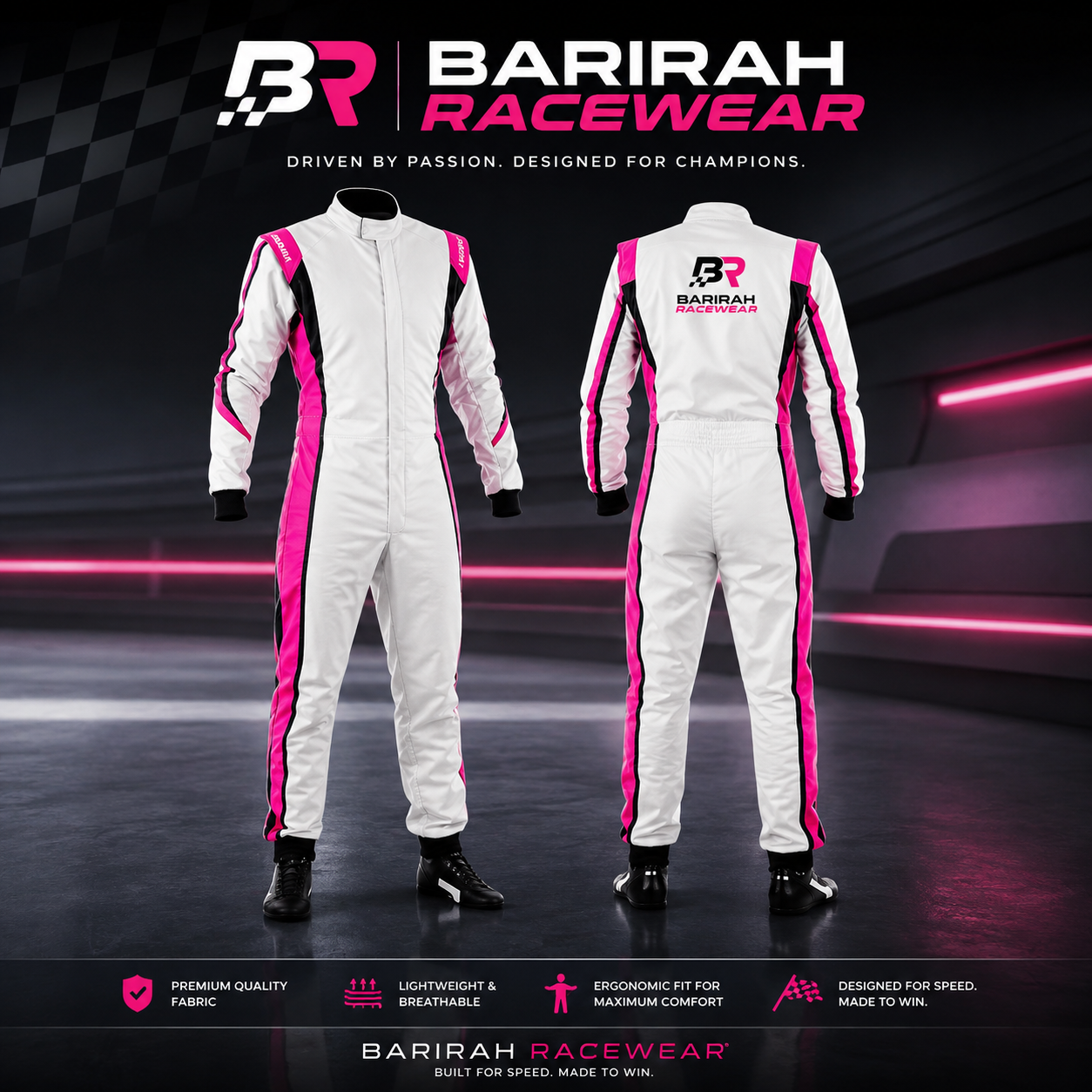BARIRAH RACEWEAR Women's Premium White & Pink Racing Driver Suit – Professional Motorsport Racing Overall – Lightweight Breathable Karting Suit – Front & Back Design