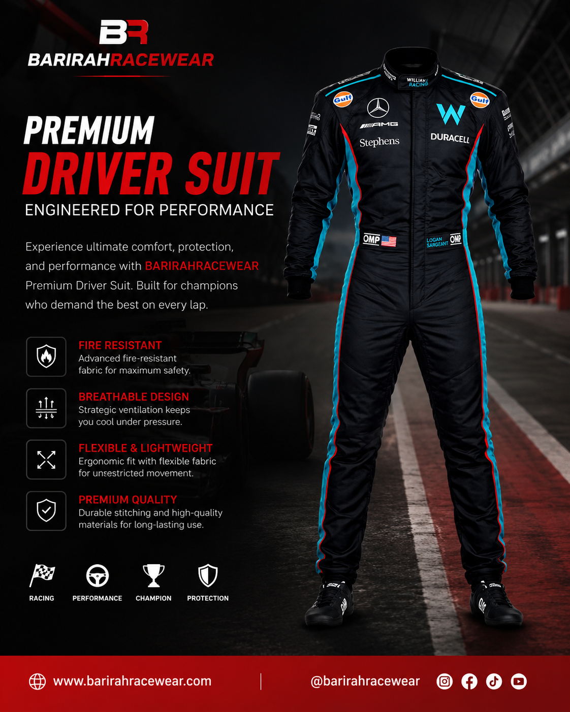 BARIRAHRACEWEAR Premium Black Racing Driver Suit – Professional Motorsport Fire-Resistant Racing Overall – Lightweight Auto Racing & Karting Suit – Black/Blue/Red