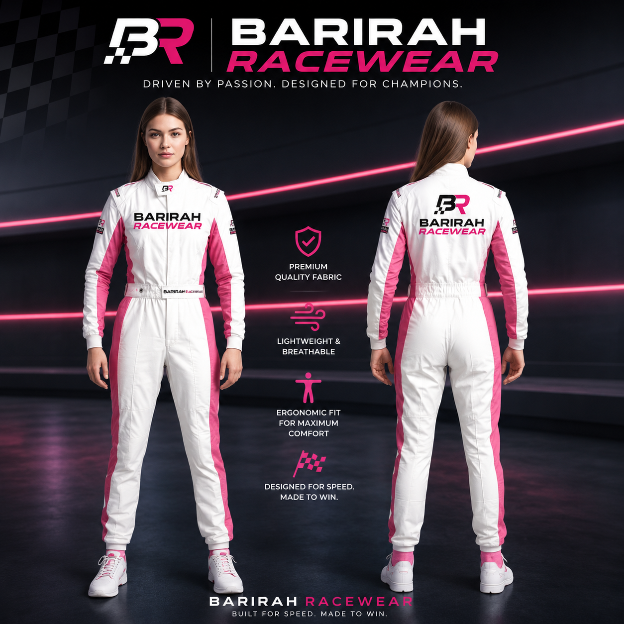 BARIRAH RACEWEAR Women's Premium White & Pink Racing Driver Suit – Professional Motorsport Racing Overall – Lightweight Breathable Auto Racing & Karting Suit – Front & Back Design