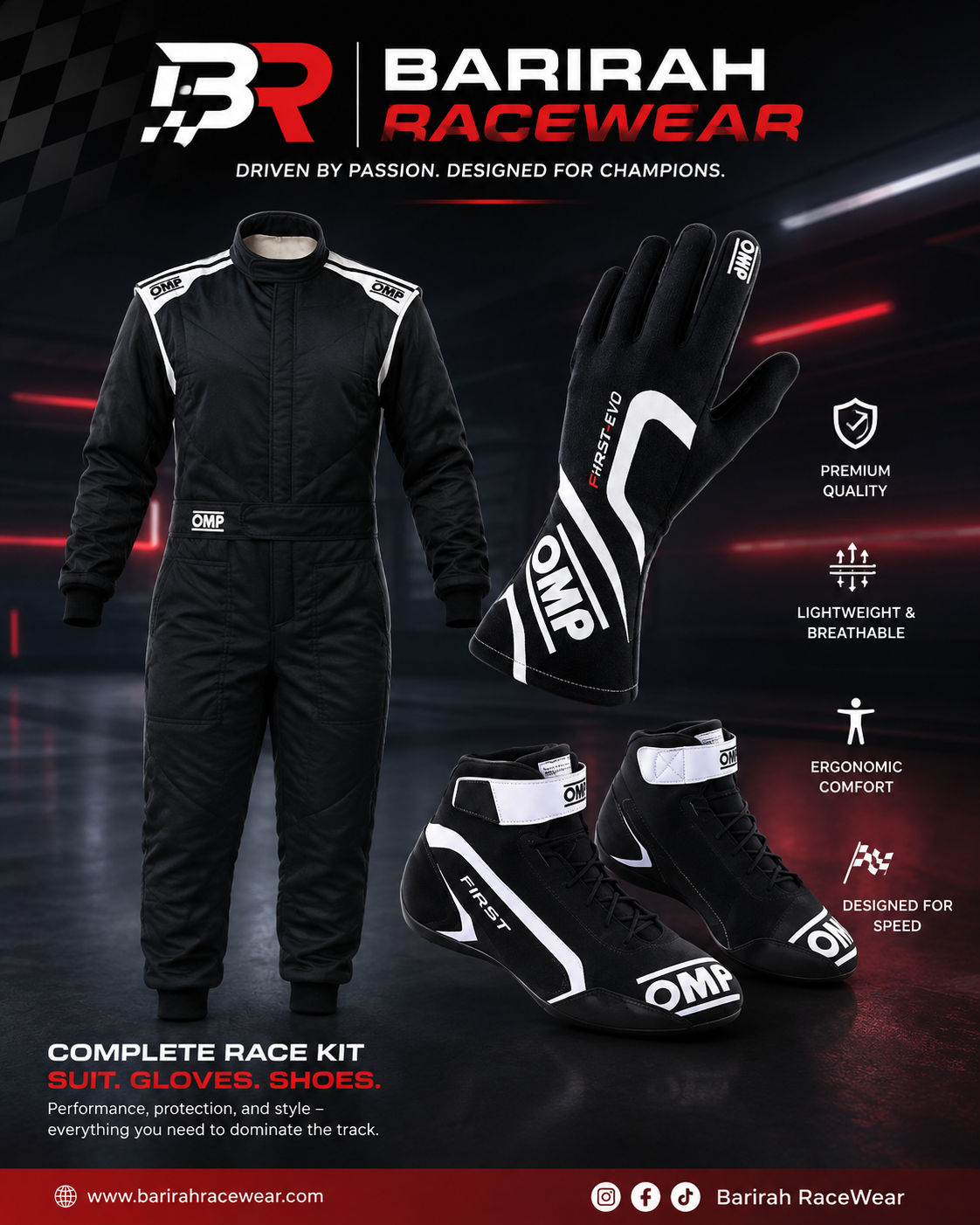 BARIRAH RACEWEAR Professional Racing Kit – Premium Racing Driver Suit, Motorsport Gloves & Racing Shoes – Lightweight Breathable Karting & Auto Racing Gear Set