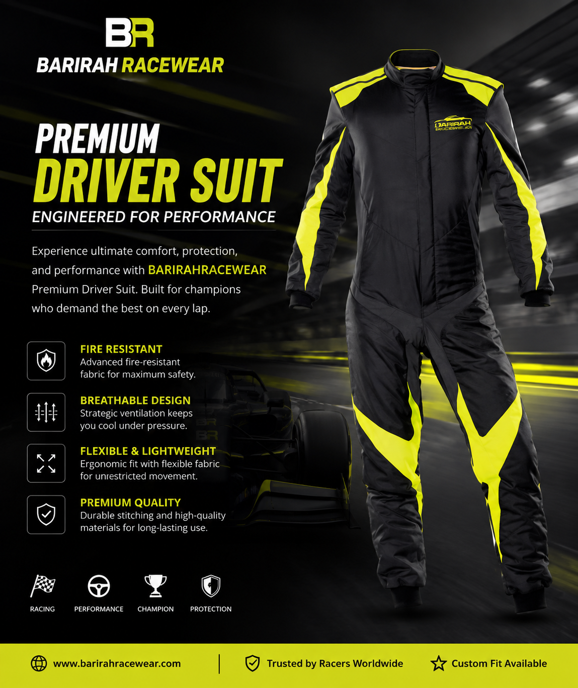 BARIRAHRACEWEAR Premium Black & Neon Yellow Racing Driver Suit – Professional Motorsport Fire-Resistant Racing Overall – Lightweight Karting & Auto Racing Suit